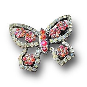 Vintage 80s Butterfly Brooch in pink red and white Rhinestones